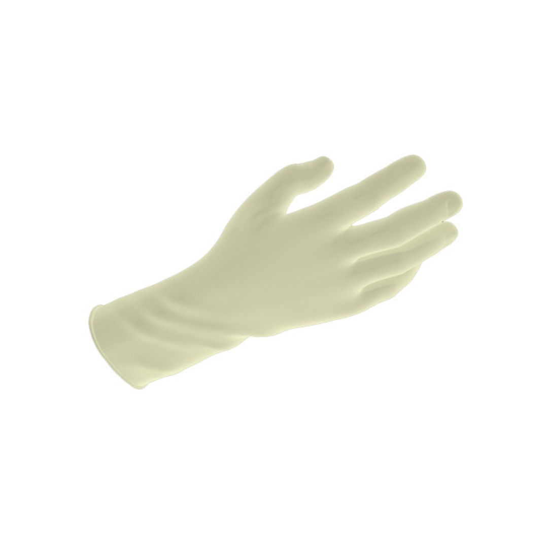 A single Dynarex Safe-Touch Latex Exam Glove, powder-free and left-handed with slightly bent fingers, is displayed on a plain white background, suitable for inclusion in a specifications table.